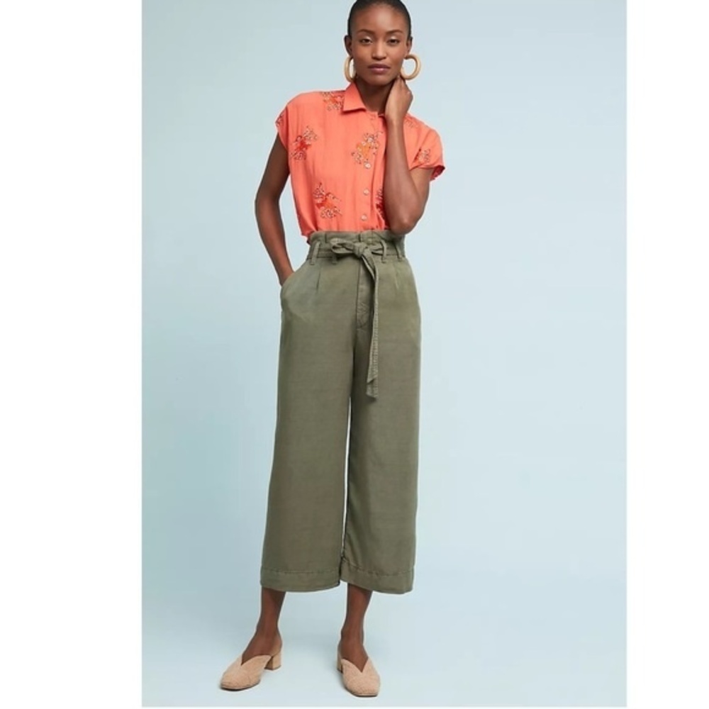By Anthropologie Blythe Wide-Leg Cropped High Rise Pants In Moss Green Size 4